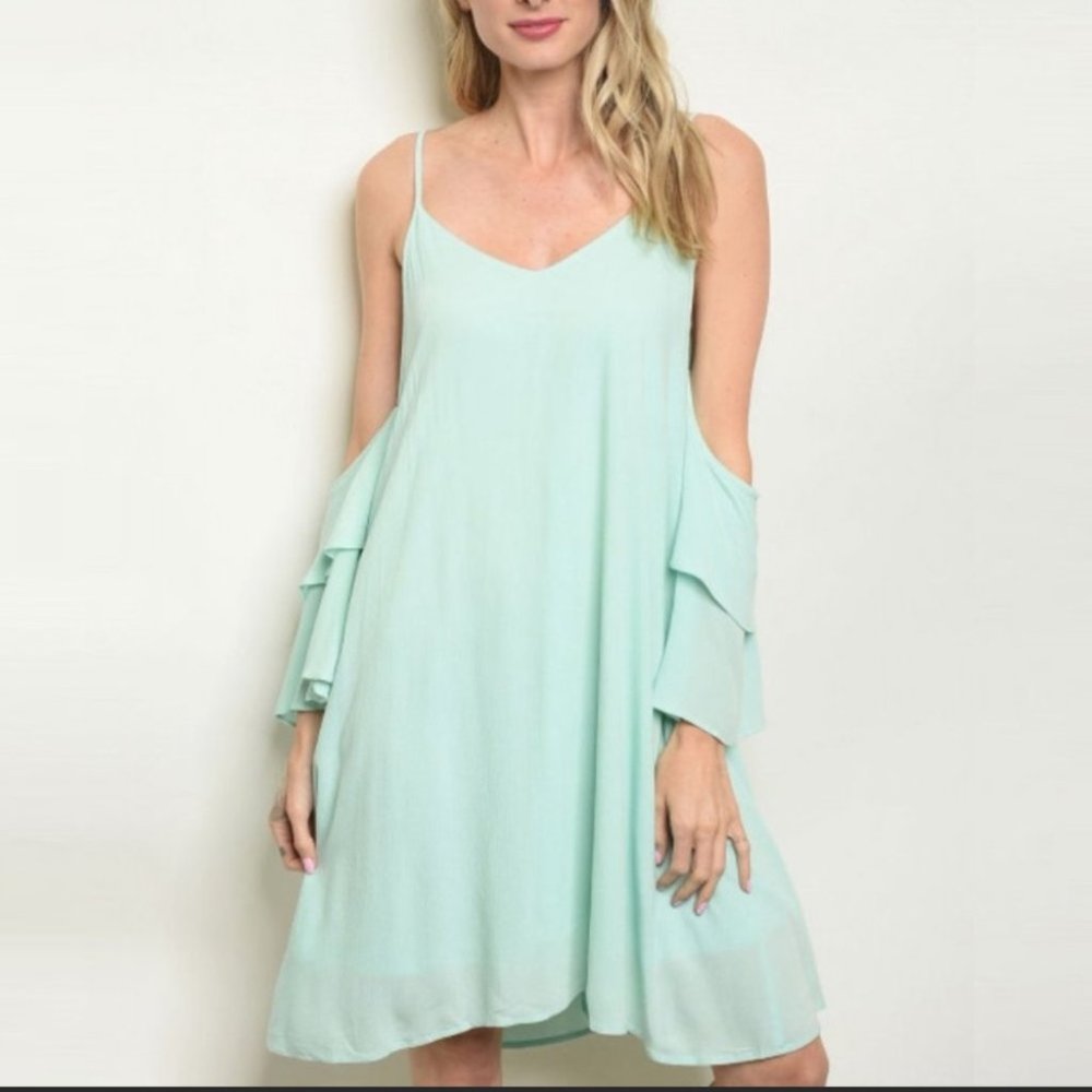 Cold shoulder flowy mint mini dress